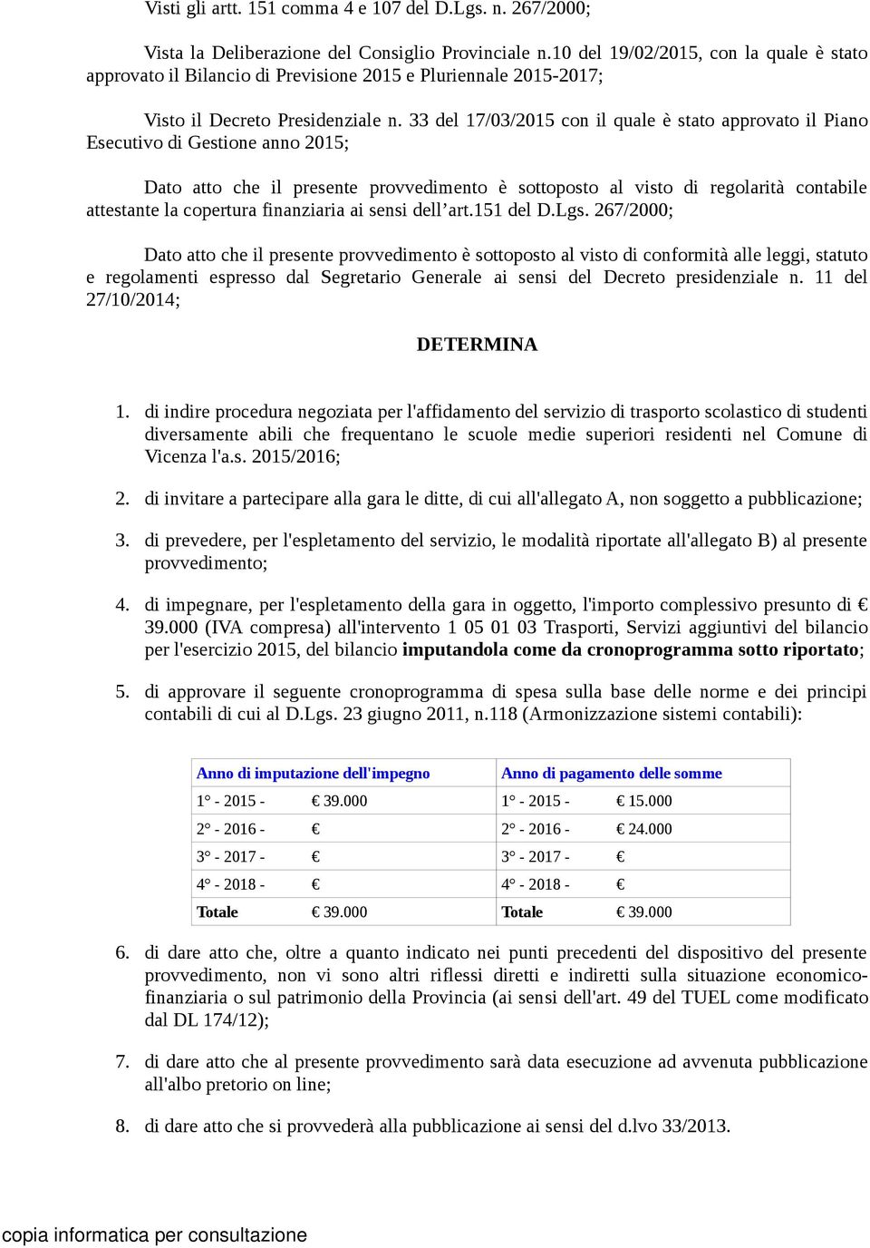 33 del 17/03/2015 con il quale è stato approvato il Piano Esecutivo di Gestione anno 2015; Dato atto che il presente provvedimento è sottoposto al visto di regolarità contabile attestante la