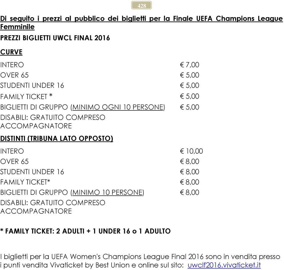 8,00 STUDENTI UNDER 16 8,00 FAMILY TICKET* 8,00 BIGLIETTI DI GRUPPO (MINIMO 10 PERSONE) 8,00 DISABILI: GRATUITO COMPRESO ACCOMPAGNATORE * FAMILY TICKET: 2 ADULTI + 1 UNDER 16