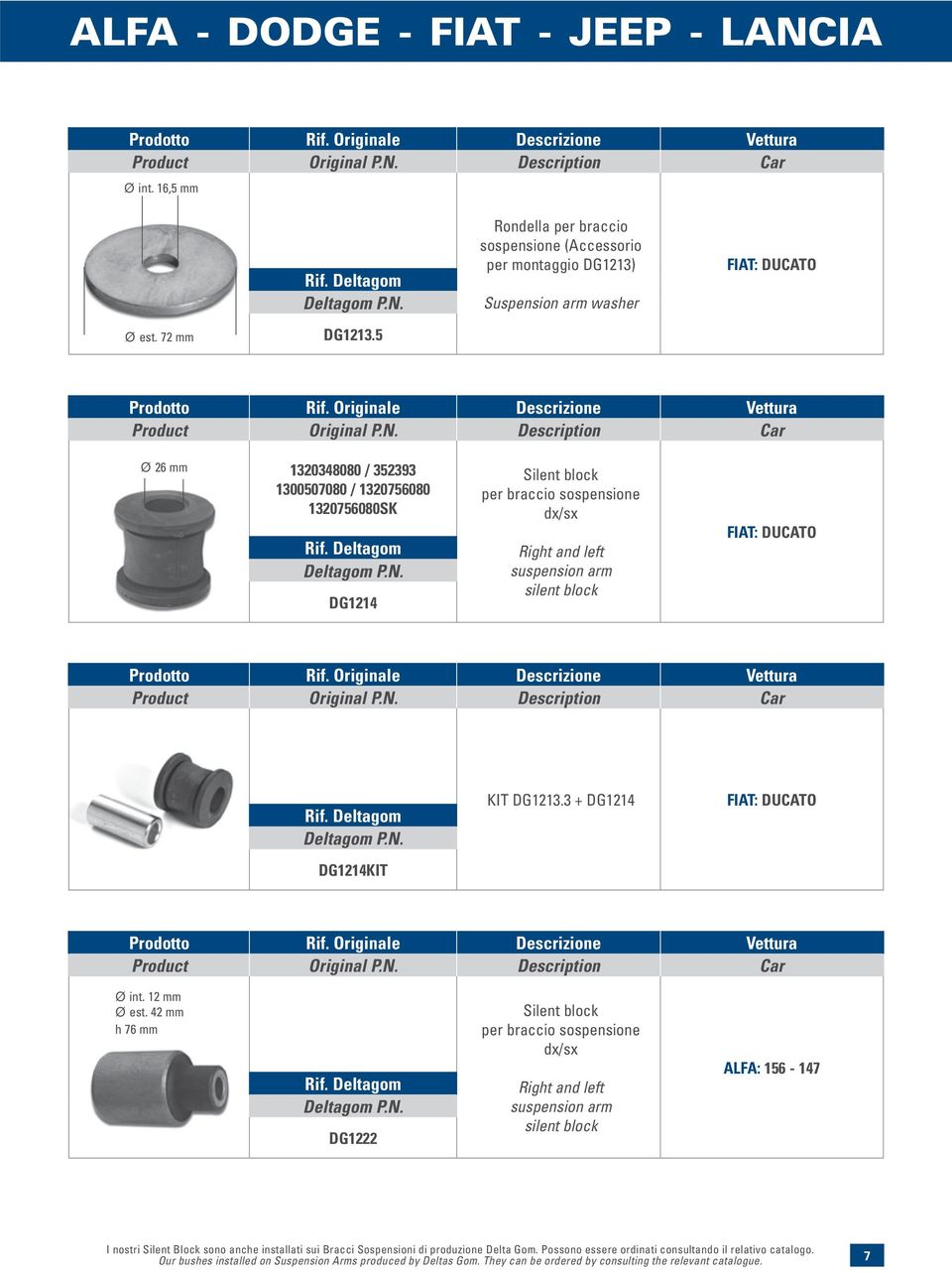 12 mm Ø est. 42 mm h 76 mm DG1222 ALFA: 156-147 I nostri Silent Block sono anche installati sui Bracci Sospensioni di produzione Delta Gom.