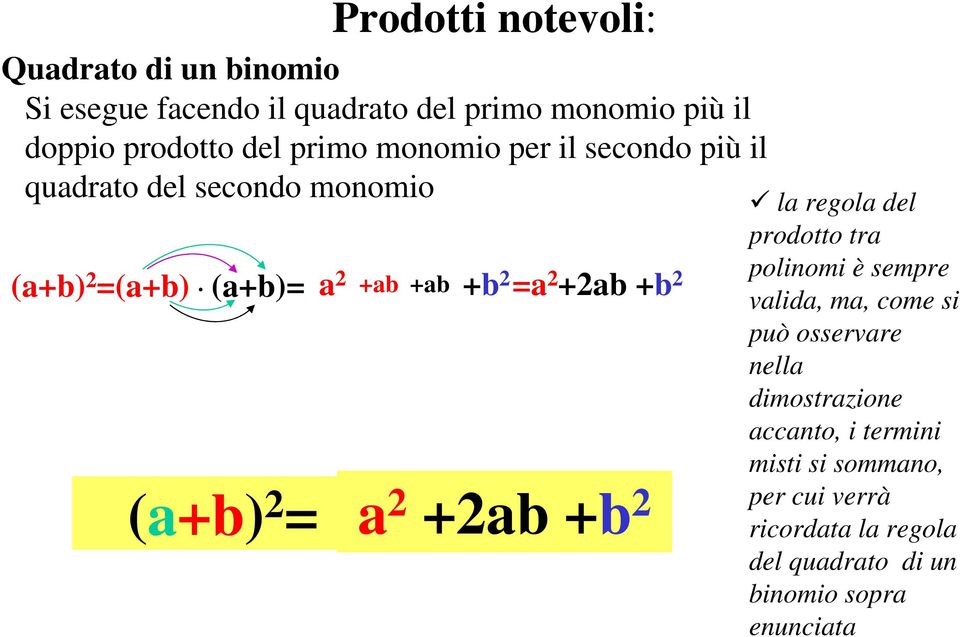 prodotto del primo monomio per il secondo più il quadrato del secondo monomio la regola del prodotto tra a 2 +ab +ab