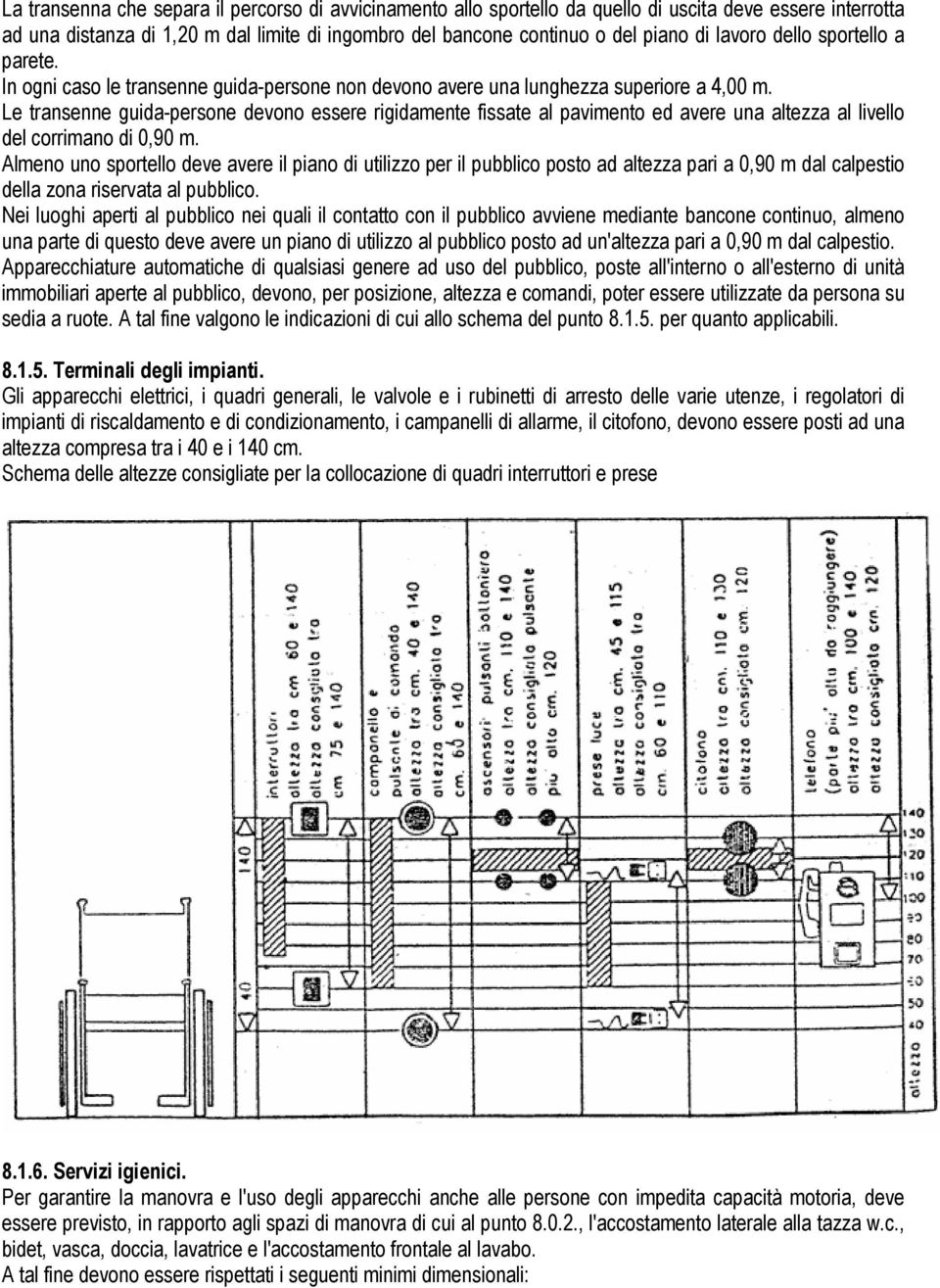 Le transenne guida-persone devono essere rigidamente fissate al pavimento ed avere una altezza al livello del corrimano di 0,90 m.