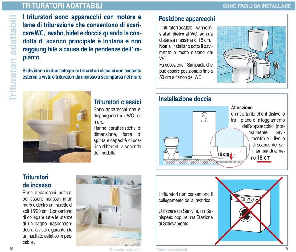 Si dividono in due categorie: trituratori classici con cassetta esterna a vista e trituratori da incasso a scomparsa nel muro Trituratori classici Sono apparecchi che si dispongono tra il WC e il