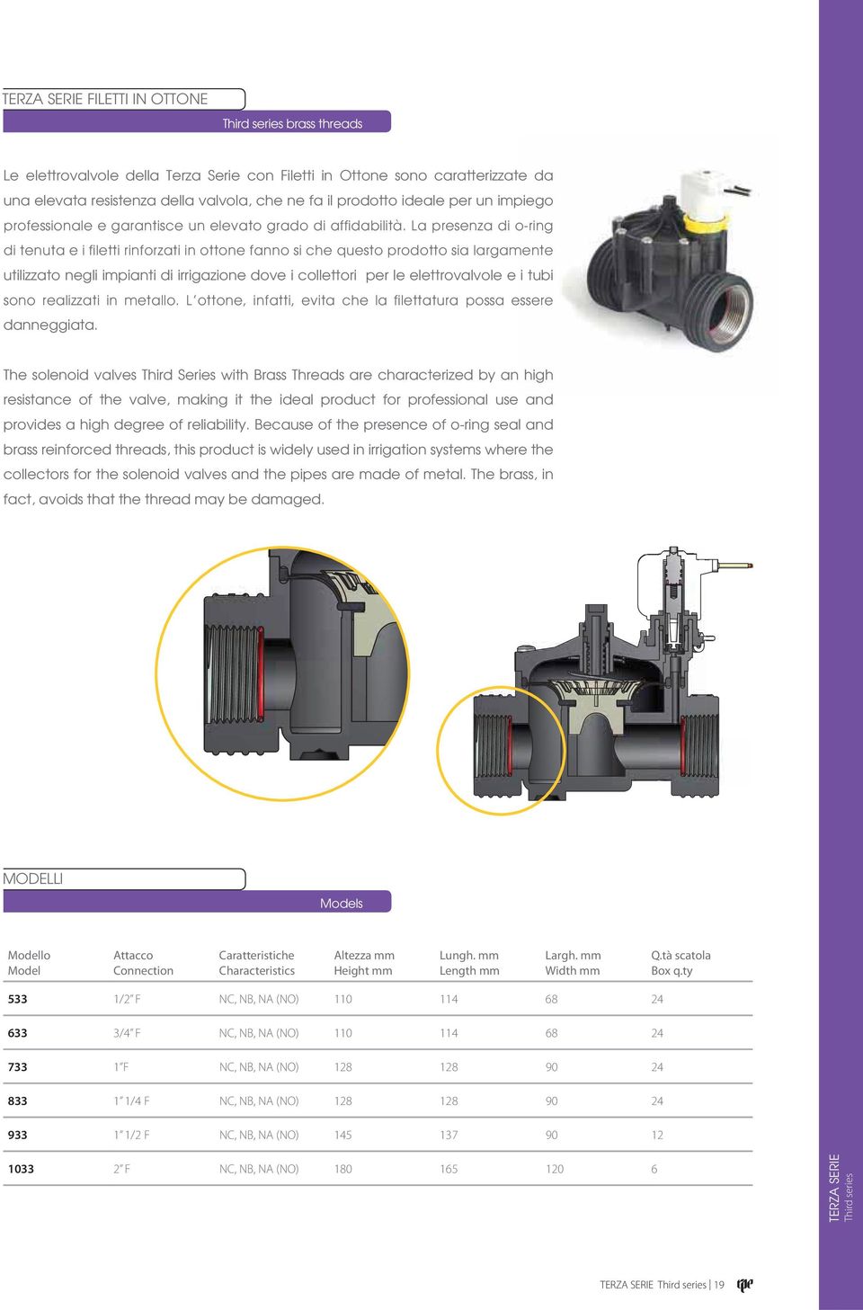 The solenoid valves Third Series with Brass Threads are characterized by an high resistance of the valve, making it the ideal product for professional use and provides a high degree of reliability.