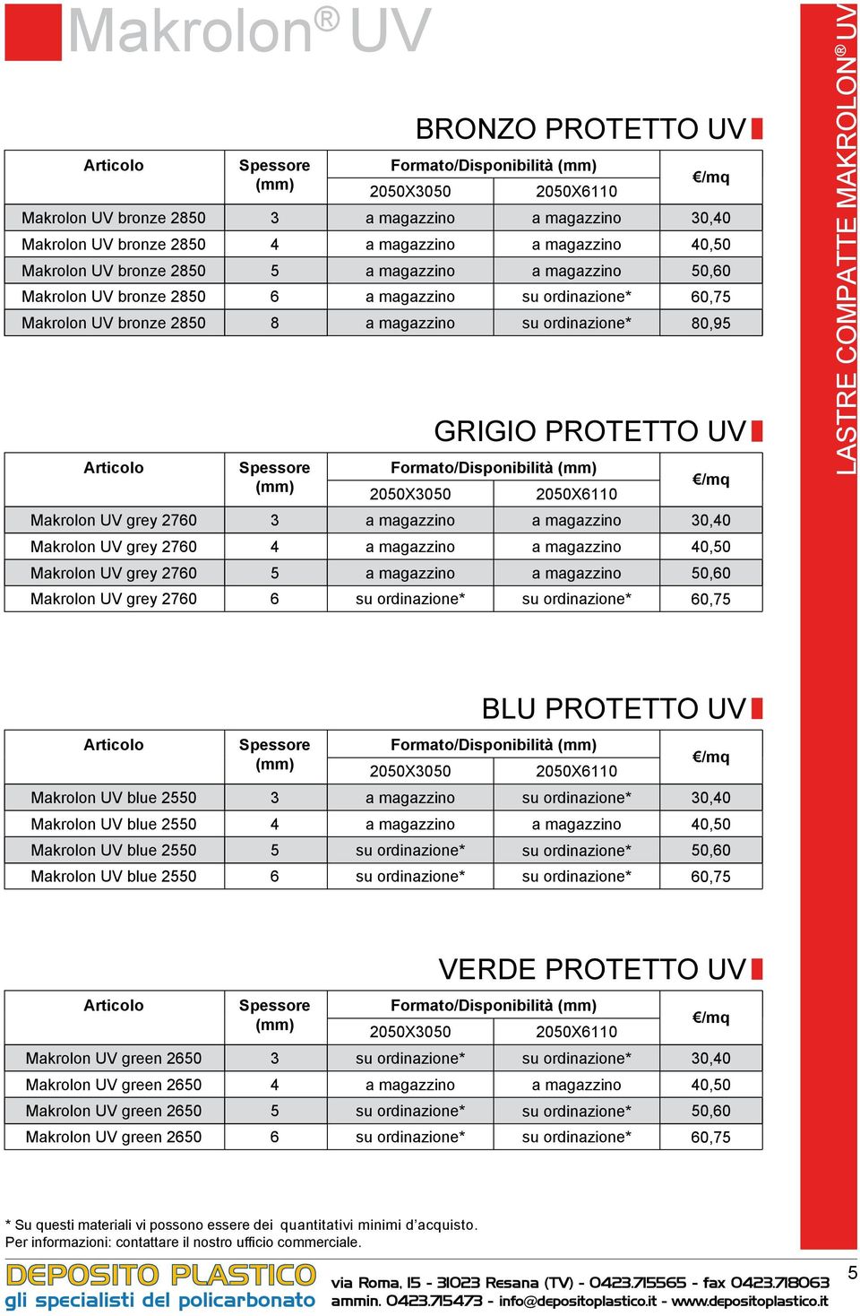 a magazzino su ordinazione* a magazzino a magazzino a magazzino su ordinazione* GRIGIO PROTETTO UV Formato/Disponibilità 2050X3050 2050X6110 a magazzino a magazzino a magazzino su ordinazione* 30,40