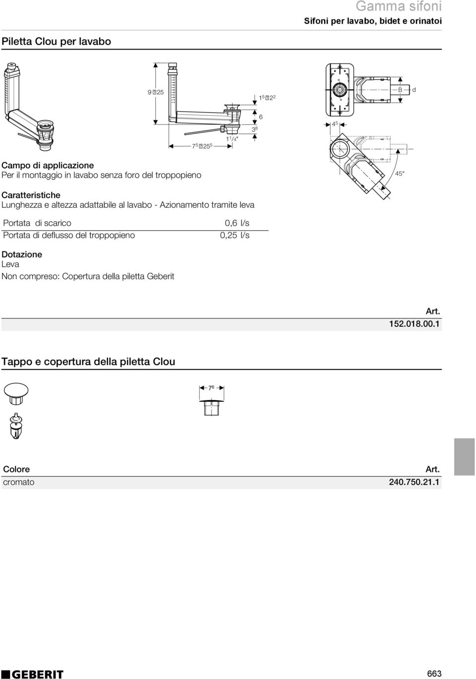 Azionamento tramite leva Portata i scarico Portata i eflusso el troppopieno 0,6 l/s 0,25 l/s Leva Non