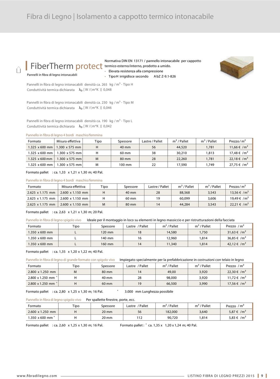 265 kg / m³ - Tipo H Conduttività termica dichiarata λ D [ W / ( m*k )] 0,048 A bz Z-9.1-826 Pannelli in fibra di legno intonacabili densità ca.