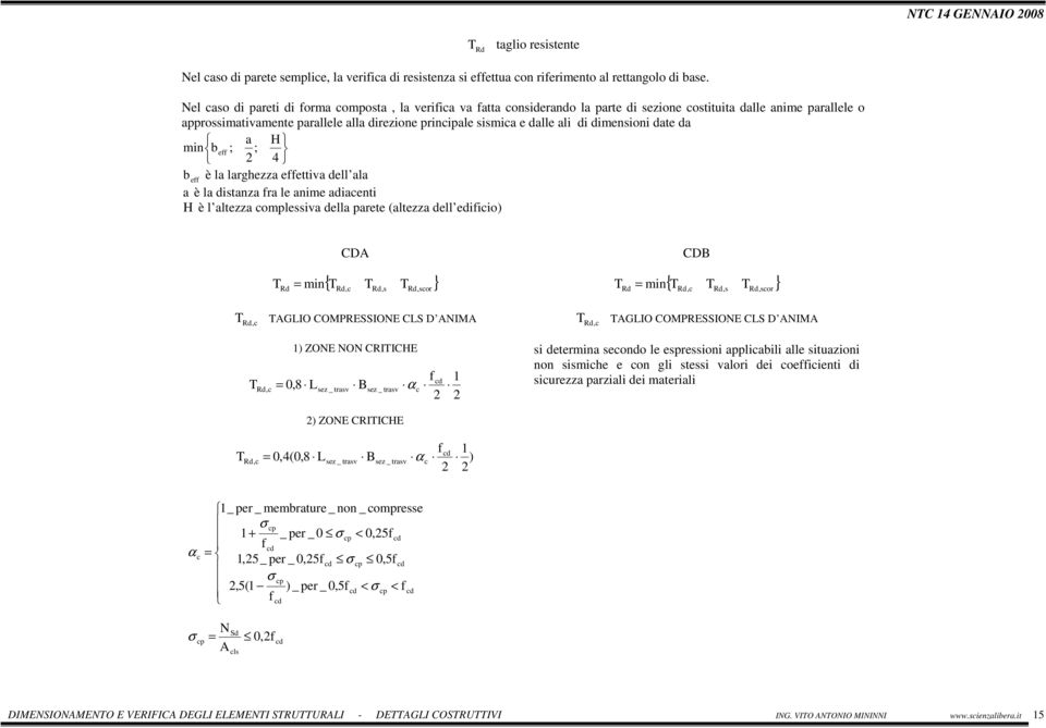 ali di dimensioni date da a H min b eff ; ; 2 4 b eff è la larghezza effettiva dell ala a è la distanza fra le anime adiacenti H è l altezza complessiva della parete (altezza dell edificio) CD CDB =