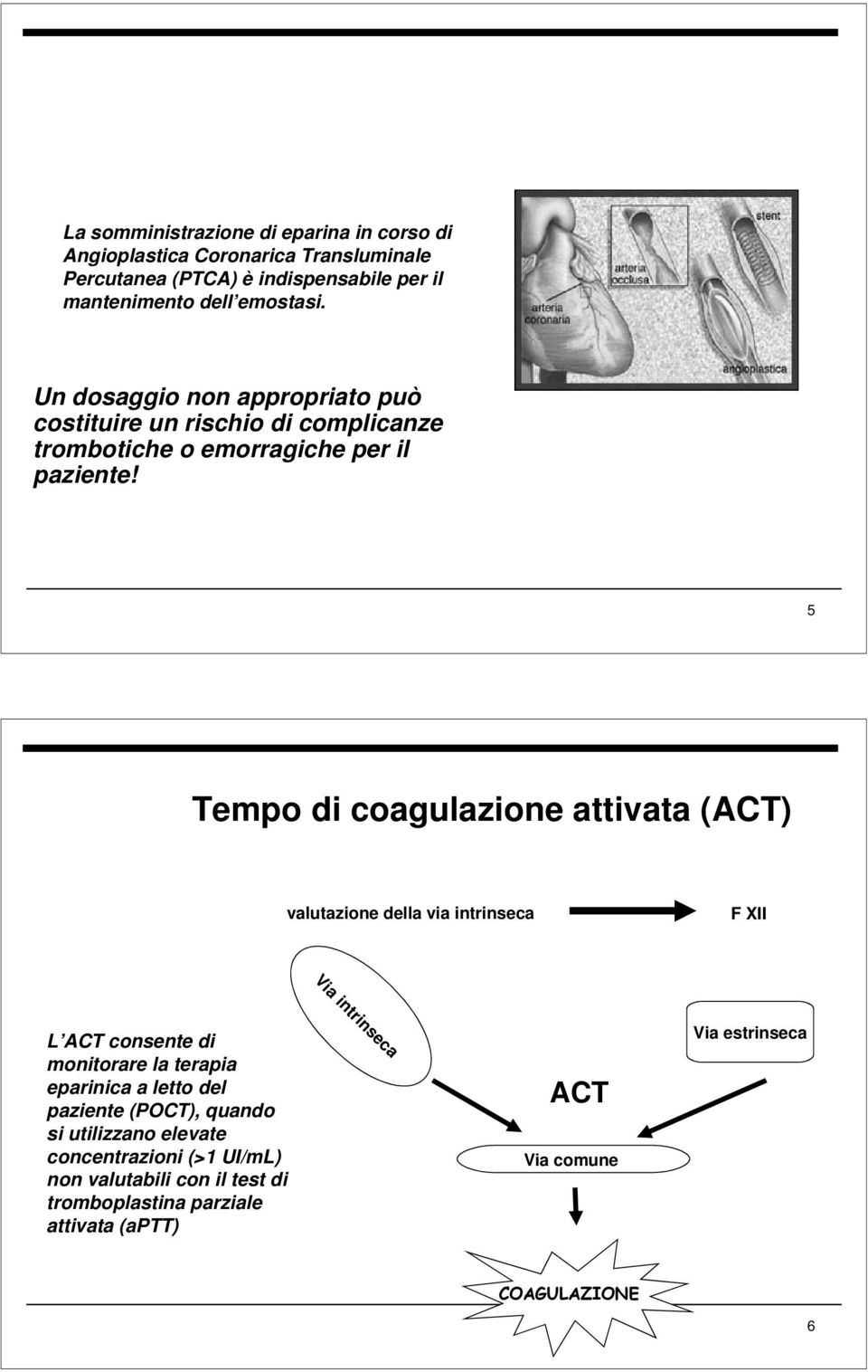 5 Tempo di coagulazione attivata (ACT) valutazione della via intrinseca F XII Via intrinseca L ACT consente di monitorare la terapia eparinica a letto