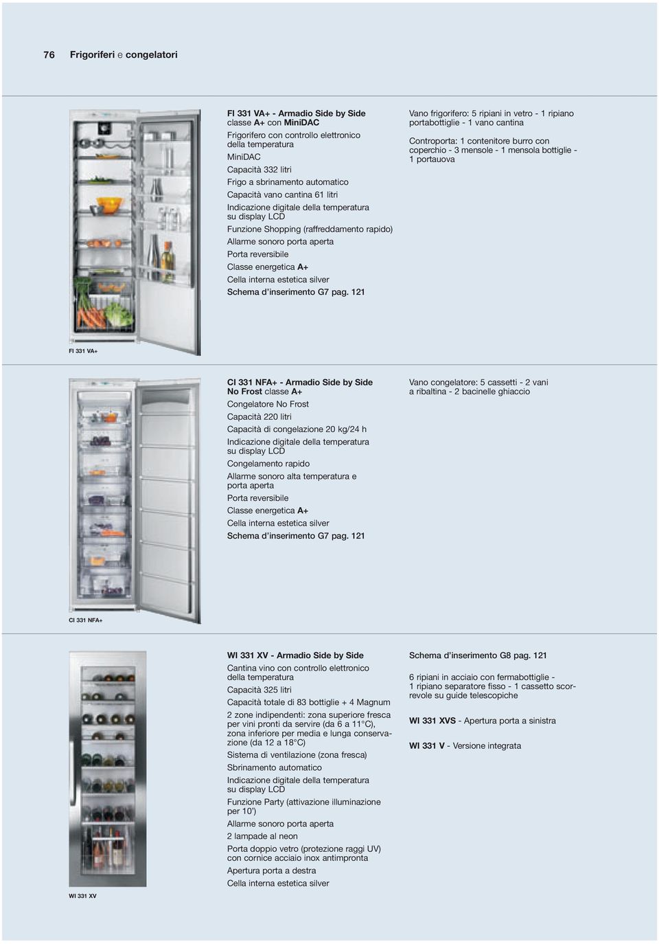 pag. 121 Vano frigorifero: 5 ripiani in vetro - 1 ripiano portabottiglie - 1 vano cantina Controporta: 1 contenitore burro con coperchio - 3 mensole - 1 mensola bottiglie - 1 portauova FI 331 V+ CI