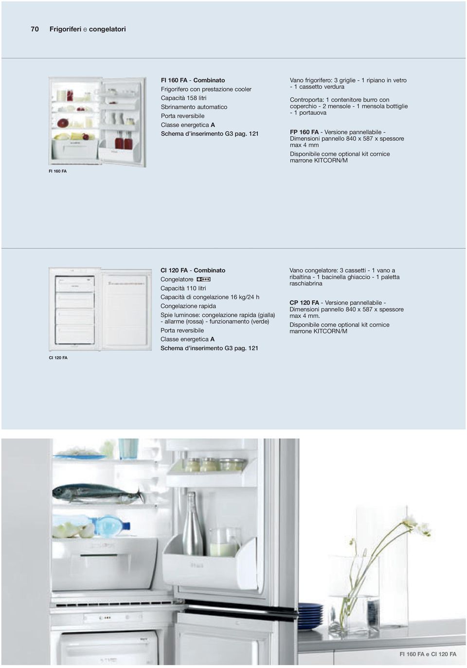 pannellabile - Dimensioni pannello 80 x 587 x spessore max mm Disponibile come optional kit cornice marrone KITCORN/M FI 160 F CI 1 F - Combinato Congelatore Capacità 110 litri Capacità di