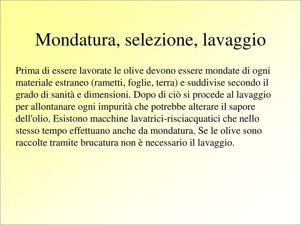 Dopo di ciò si procede al lavaggio per allontanare ogni impurità che potrebbe alterare il sapore dell'olio.