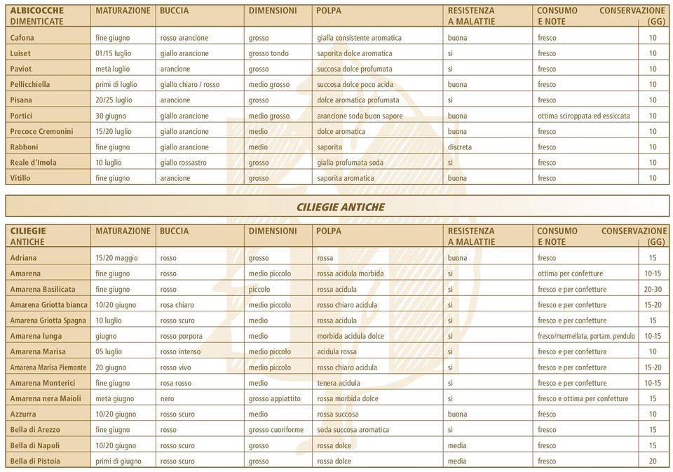 giallo chiaro / rosso medio grosso succosa dolce poco acida buona fresco 10 Pisana 20/25 luglio arancione grosso dolce aromatica profumata sì fresco 10 Portici 30 giugno giallo arancione medio grosso