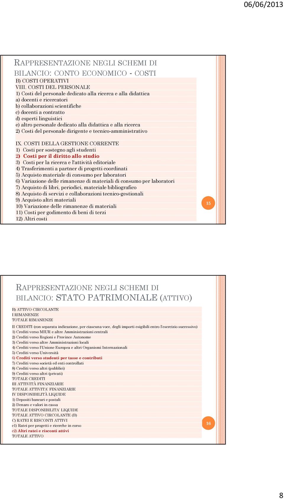 personale dedicato alla didattica e alla ricerca 2) Costi del personale dirigente e tecnico-amministrativo IX.