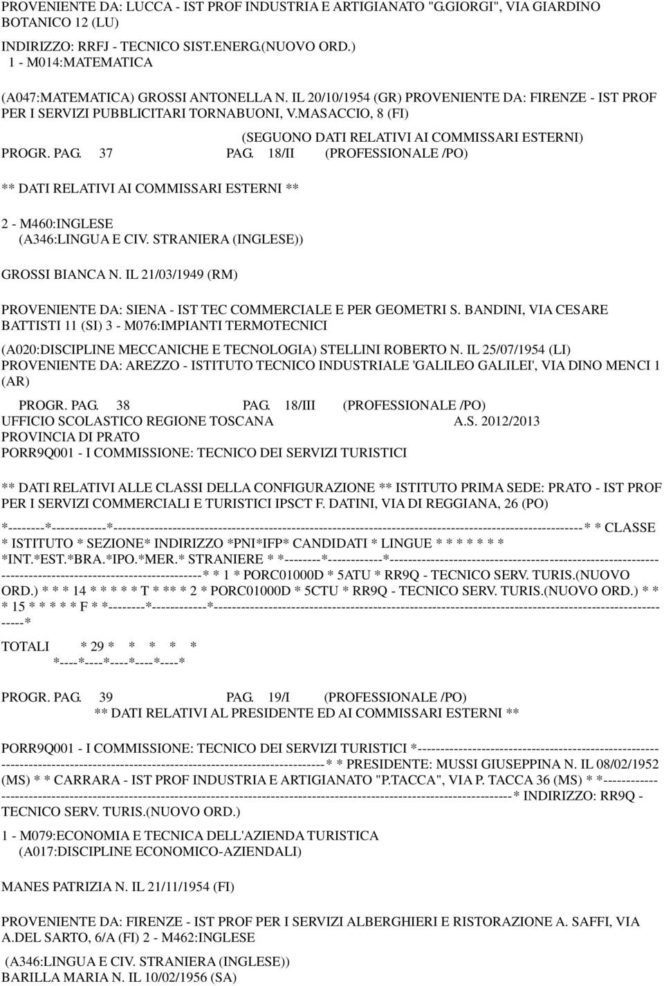 MASACCIO, 8 (FI) (SEGUONO DATI RELATIVI AI COMMISSARI ESTERNI) PROGR. PAG. 37 PAG. 18/II (PROFESSIONALE /PO) ** DATI RELATIVI AI COMMISSARI ESTERNI ** 2 - M460:INGLESE GROSSI BIANCA N.