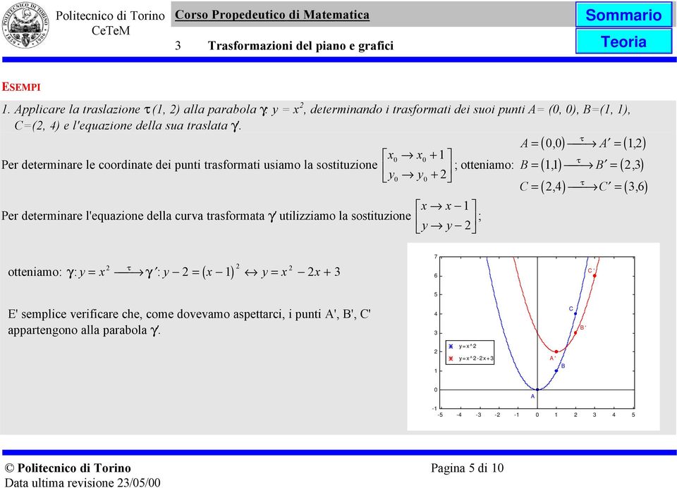 A = (, ) A = (, ) + Per determinare le coordinate dei punti trasformati usiamo la sostituzione y y + ; otteniamo: B = (, ) B = (, ) C =, C =, 6 Per determinare