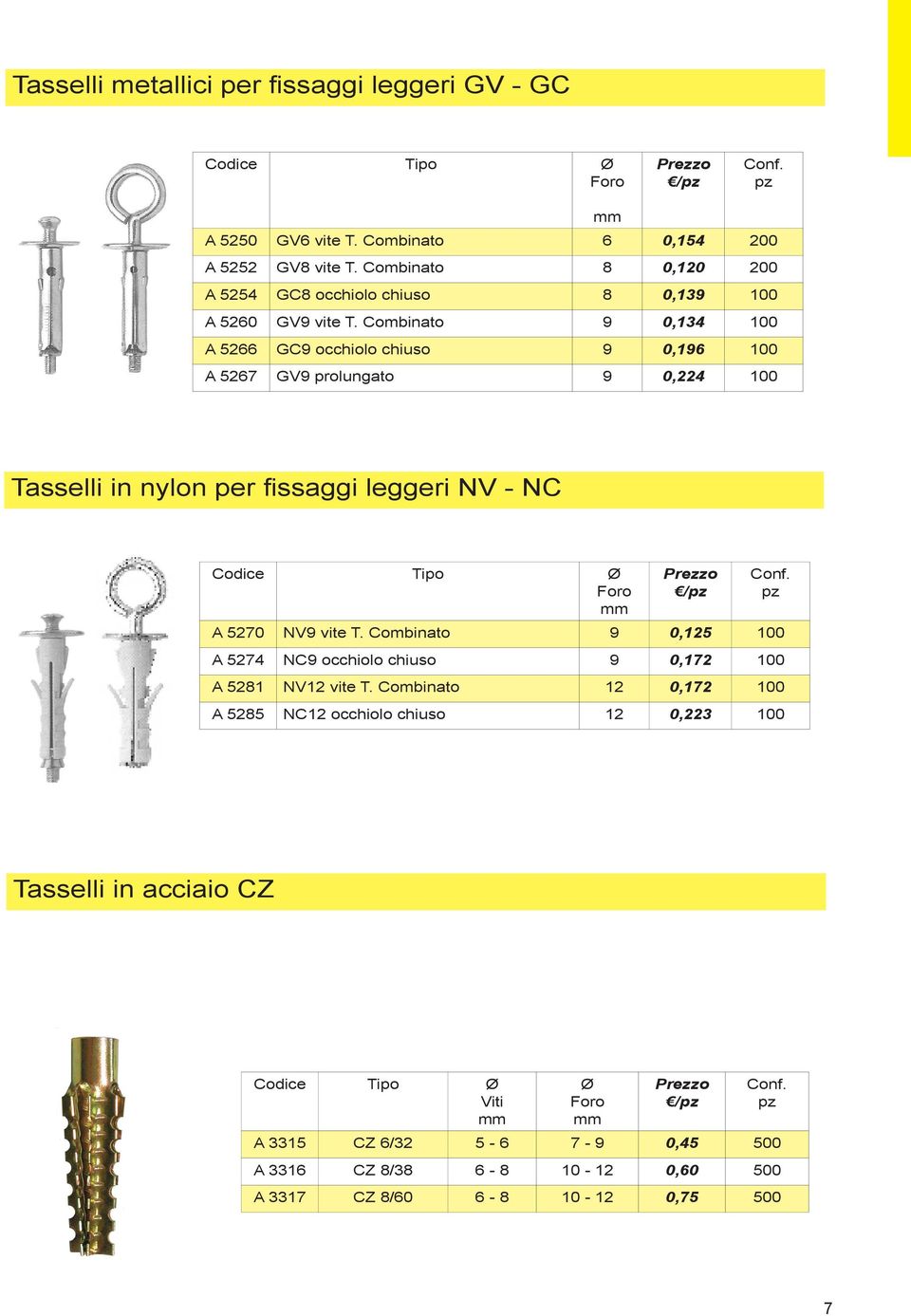 Combinato 9 0,134 100 A 5266 GC9 occhiolo chiuso 9 0,196 100 A 5267 GV9 prolungato 9 0,224 100 Tasselli in nylon per fissaggi leggeri NV - NC / A 5270 NV9