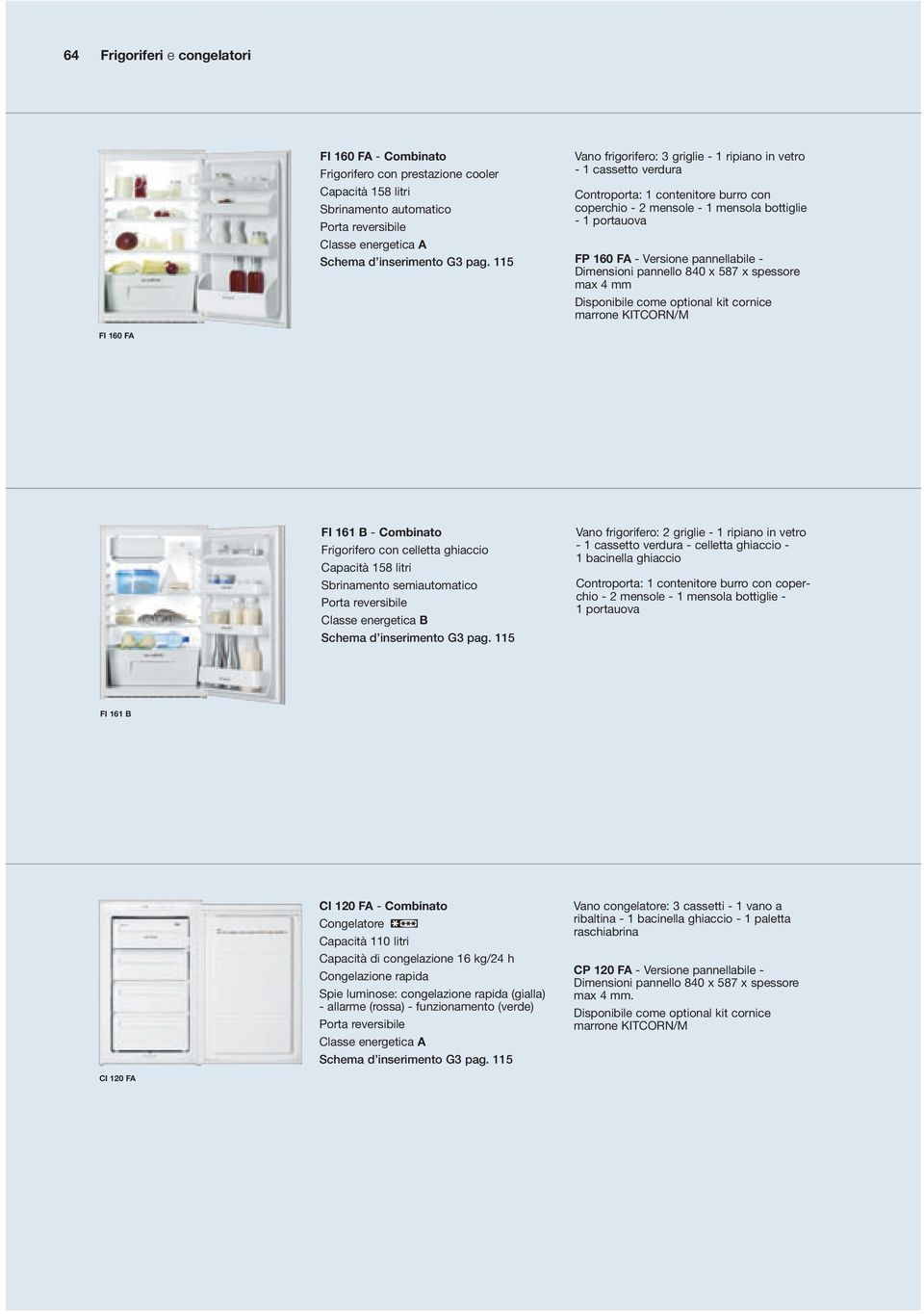 pannellabile - Dimensioni pannello 80 x 587 x spessore max mm Disponibile come optional kit cornice marrone KITCORN/M FI 160 F FI 161 B - Combinato Frigorifero con celletta ghiaccio Capacità 158