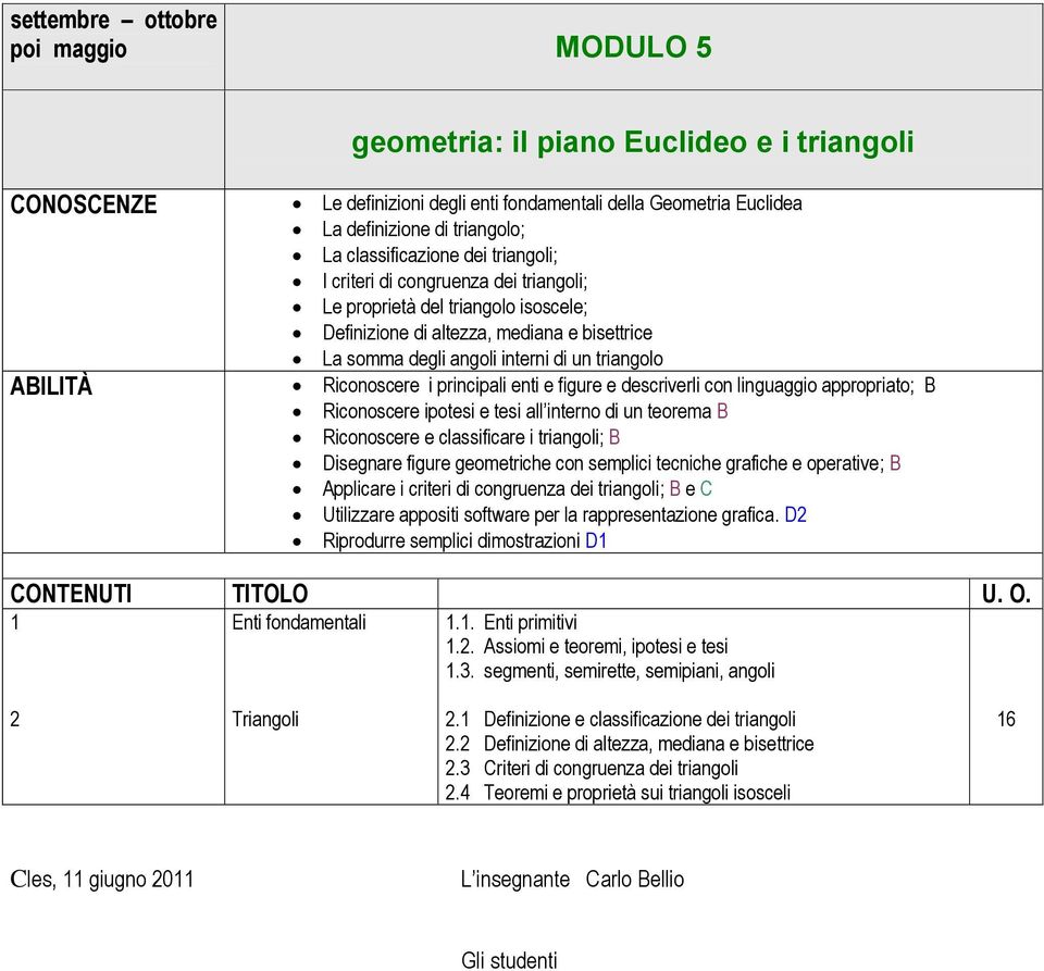 principali enti e figure e descriverli con linguaggio appropriato; B Riconoscere ipotesi e tesi all interno di un teorema B Riconoscere e classificare i triangoli; B Disegnare figure geometriche con