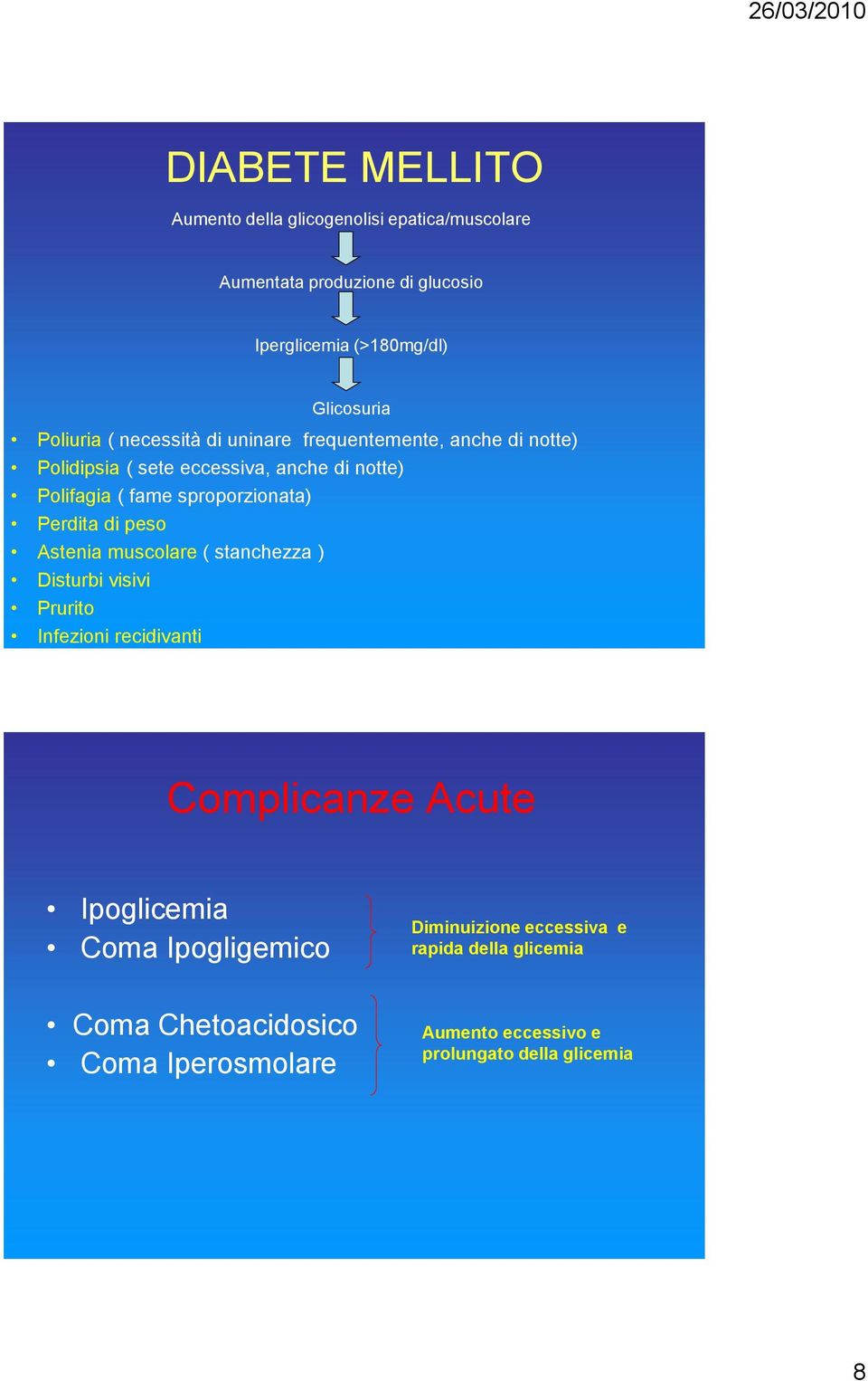 sproporzionata) Perdita di peso Astenia muscolare ( stanchezza ) Disturbi visivi Prurito Infezioni recidivanti Complicanze Acute