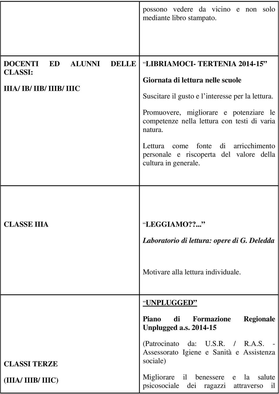 Promuovere, migliorare e potenziare le competenze nella lettura con testi di varia natura. Lettura come fonte di arricchimento personale e riscoperta del valore della cultura in generale.