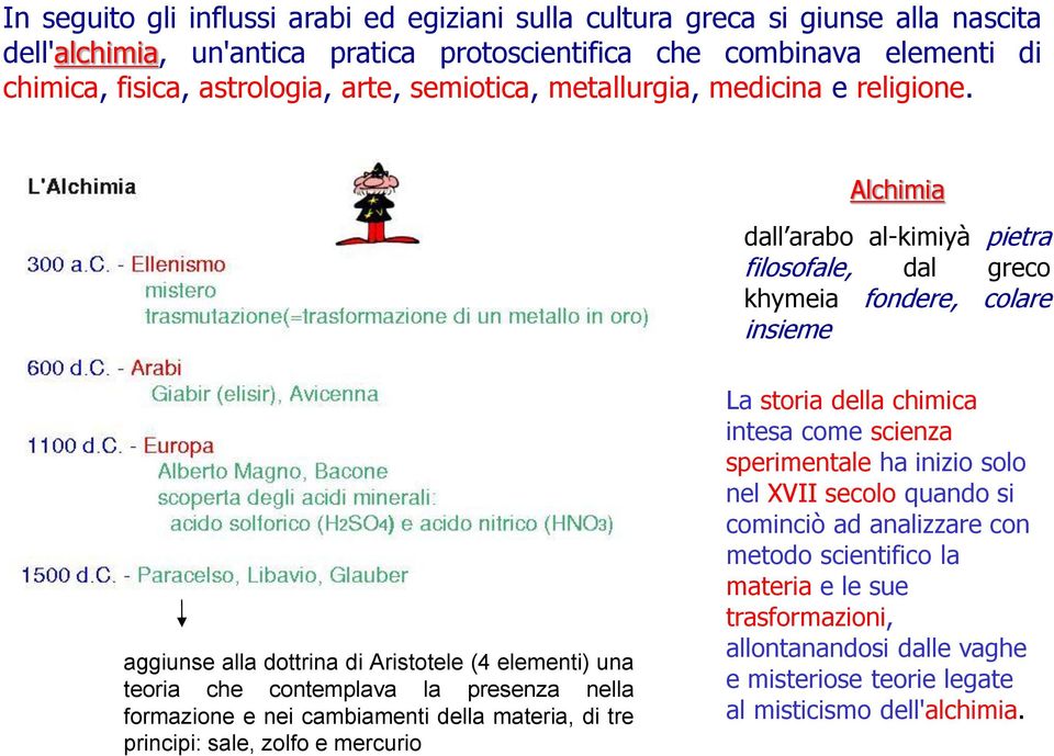 Alchimia dall arabo al-kimiyà pietra filosofale, dal greco khymeia fondere, colare insieme aggiunse alla dottrina di Aristotele (4 elementi) una teoria che contemplava la presenza nella