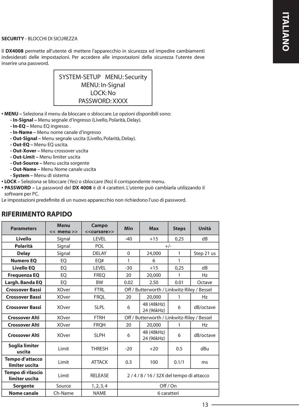 ITALIANO SYSTEM-SETUP MENU: Security MENU: In-Signal LOCK: No PASSWORD: XXXX MENU Seleziona il menu da bloccare o sbloccare.