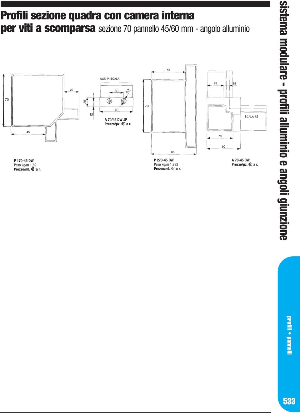 angolo alluminio P 170-45 DW Peso kg/m 1,69 A