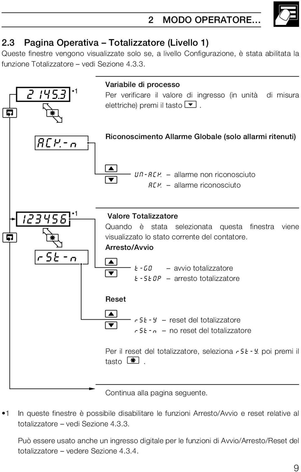 ACK-n Riconoscimento Allarme Globale (solo allarmi ritenuti) UN-ACK allarme non riconosciuto ACK allarme riconosciuto 123456 1 rst-n Valore Totalizzatore Quando è stata selezionata questa finestra