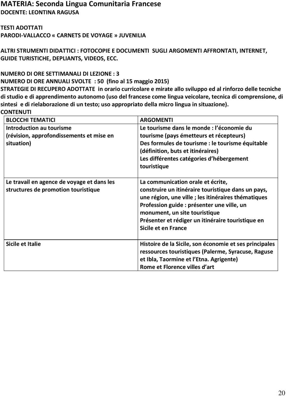 NUMERO DI ORE SETTIMANALI DI LEZIONE : 3 NUMERO DI ORE ANNUALI SVOLTE : 50 (fino al 15 maggio 2015) STRATEGIE DI RECUPERO ADOTTATE in orario curricolare e mirate allo sviluppo ed al rinforzo delle