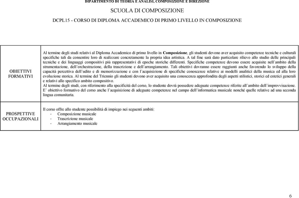 propria idea artistica. A tal fine sarà dato particolare rilievo allo studio delle principali tecniche e dei linguaggi compositivi più rappresentativi di epoche storiche differenti.