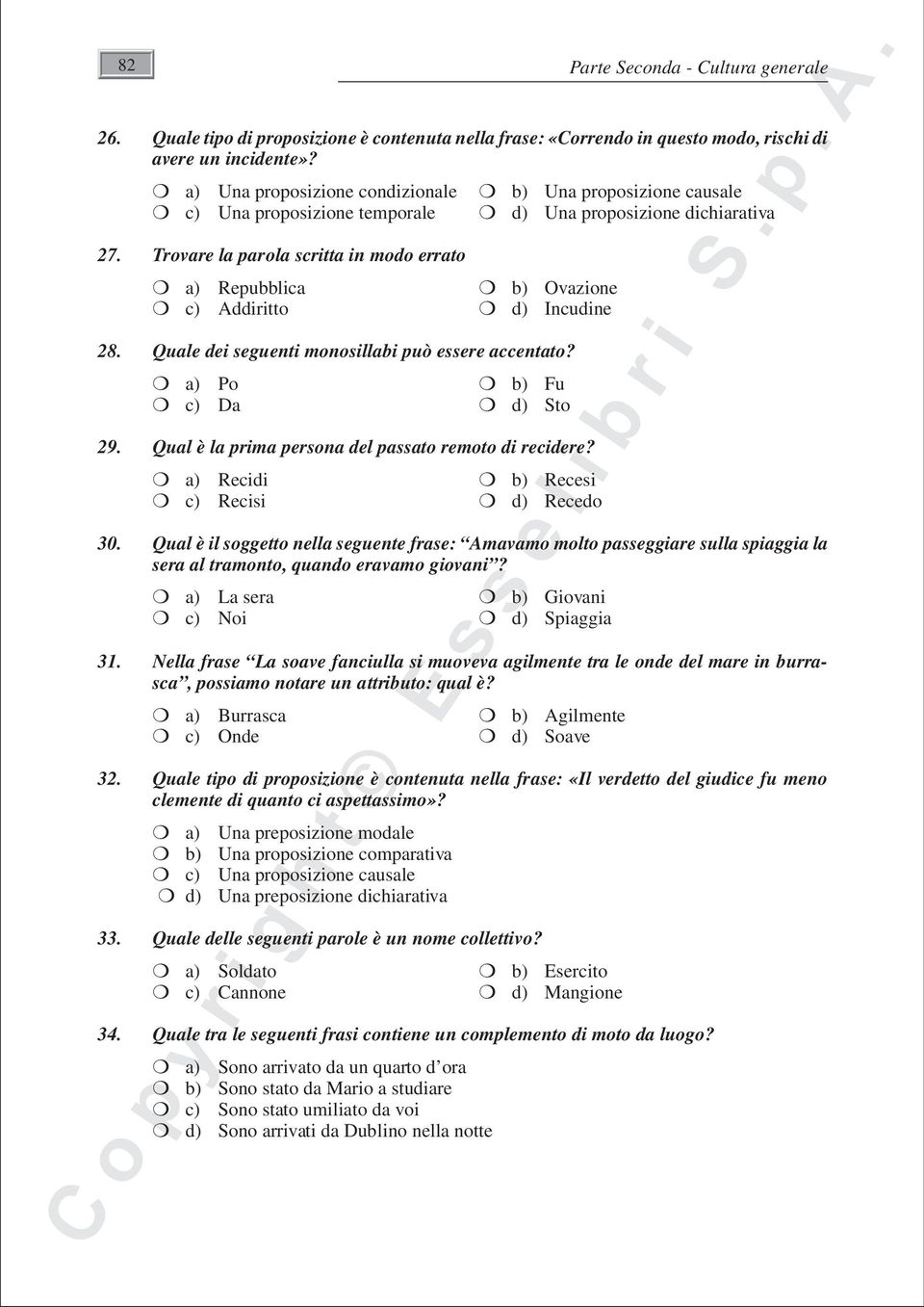 Trovare la parola scritta in modo errato a) Repubblica b) Ovazione c) Addiritto d) Incudine 28. Quale dei seguenti monosillabi può essere accentato? a) Po b) Fu c) Da d) Sto 29.