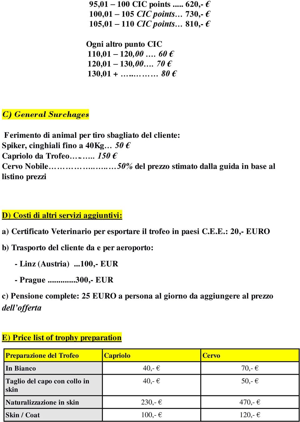 ... 50% del prezzo stimato dalla guida in base al listino prezzi D) Costi di altri servizi aggiuntivi: a) Certificato Veterinario per esportare il trofeo in paesi C.E.