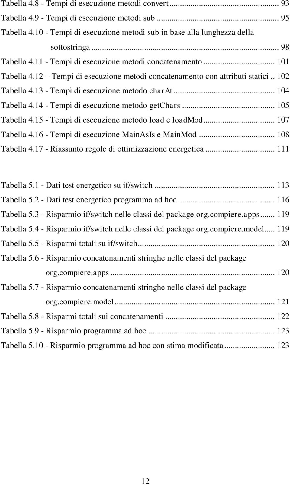 13 - Tempi di esecuzione metodo charat... 104 Tabella 4.14 - Tempi di esecuzione metodo getchars... 105 Tabella 4.15 - Tempi di esecuzione metodo load e loadmod... 107 Tabella 4.
