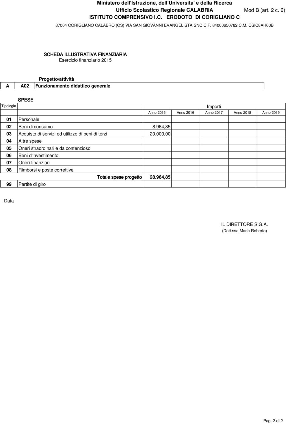 000,00 04 Altre spese 05 Oneri straordinari e da contenzioso 06 Beni d'investimento 07 Oneri finanziari 08