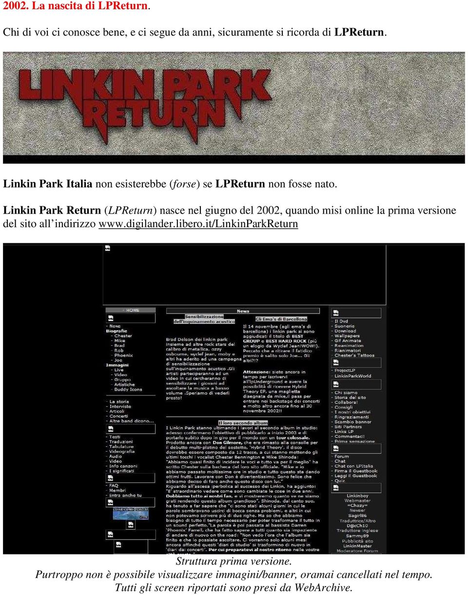Linkin Park Return (LPReturn) nasce nel giugno del 2002, quando misi online la prima versione del sito all indirizzo www.