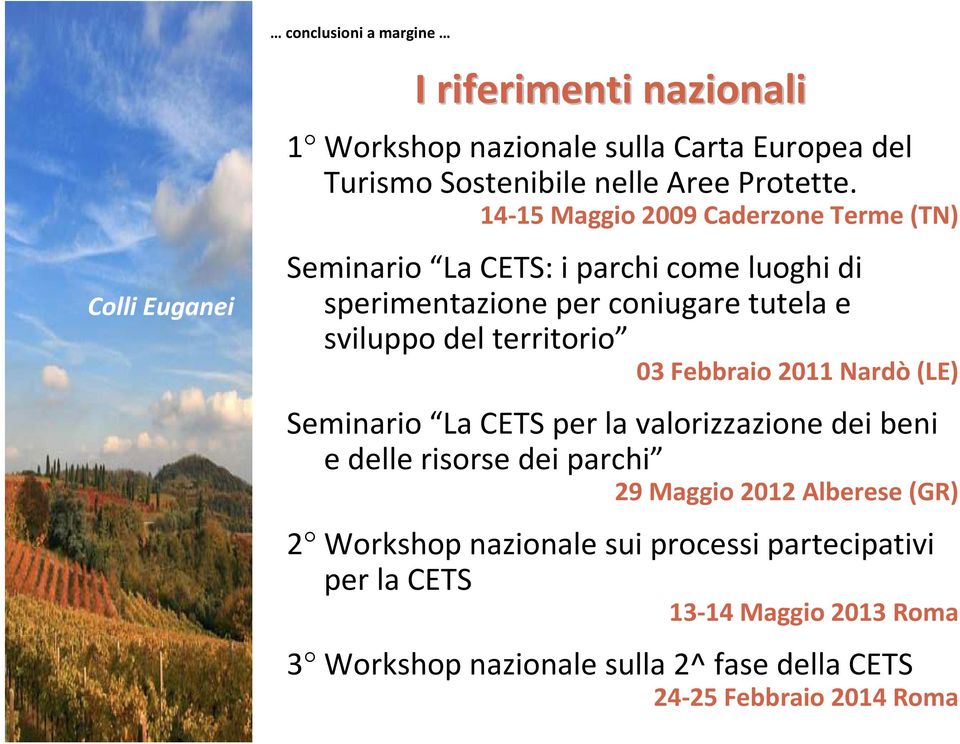 14-15 Maggio 2009 Caderzone Terme (TN) Seminario La CETS: i parchi come luoghi di sperimentazione per coniugare tutela e sviluppo del territorio 03