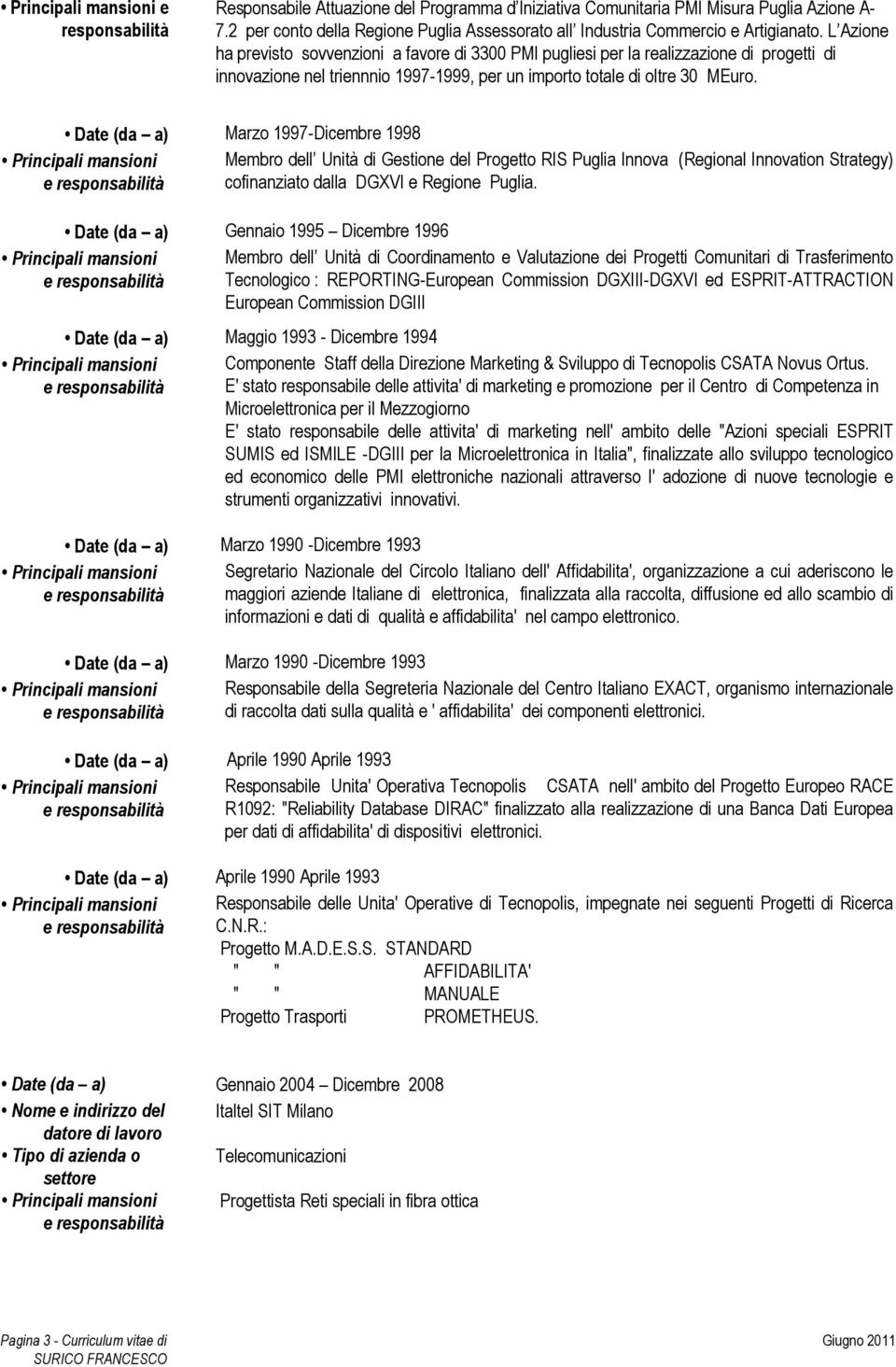 Date (da a) Marzo 1997-Dicembre 1998 Membro dell Unità di Gestione del Progetto RIS Puglia Innova (Regional Innovation Strategy) cofinanziato dalla DGXVI e Regione Puglia.