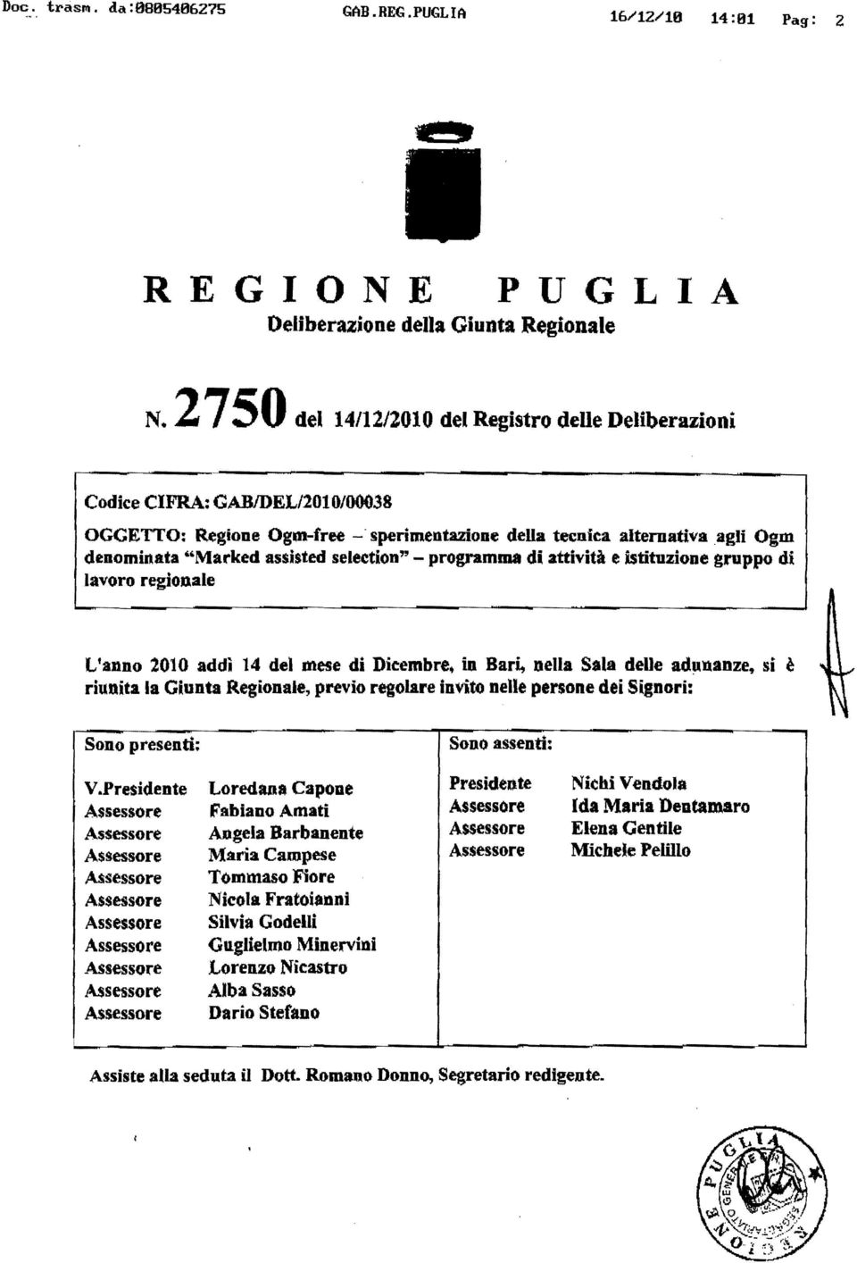 seleetion" - programma di attività e Istituzione gruppo di lavoro regionale L'anno 2010 addi 14 del mese di Dicembre.