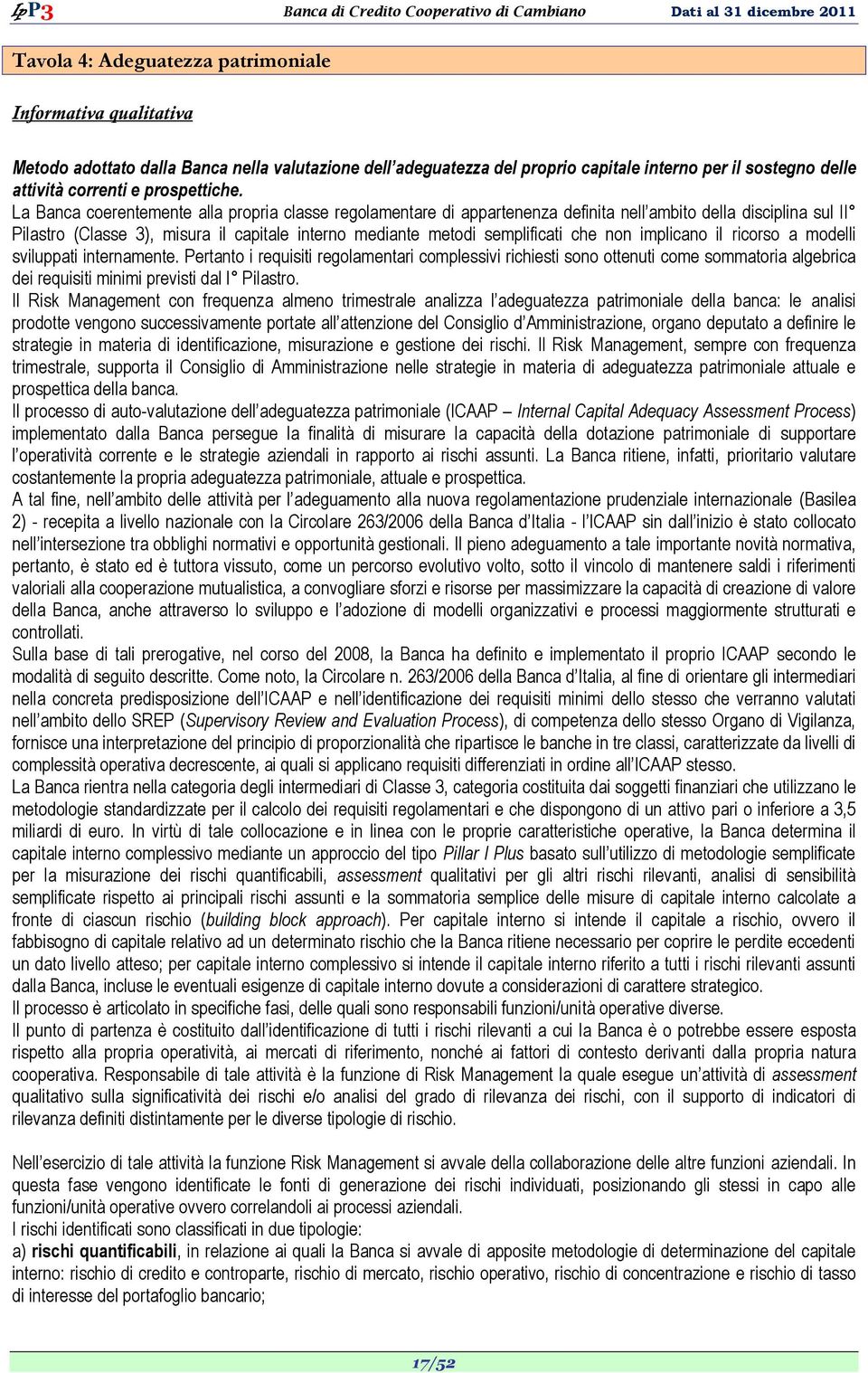 La Banca coerentemente alla propria classe regolamentare di appartenenza definita nell ambito della disciplina sul II Pilastro (Classe 3), misura il capitale interno mediante metodi semplificati che