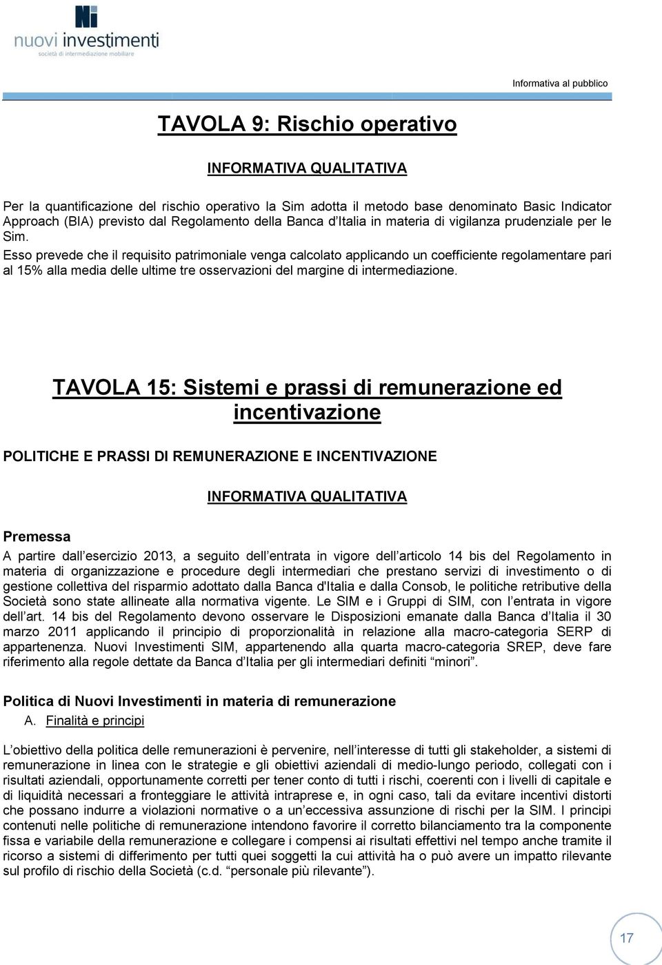 Esso prevede che il requisito patrimoniale venga calcolato applicando un coefficiente regolamentare pari al 15% alla media delle ultime tre osservazioni del margine di intermediazione.