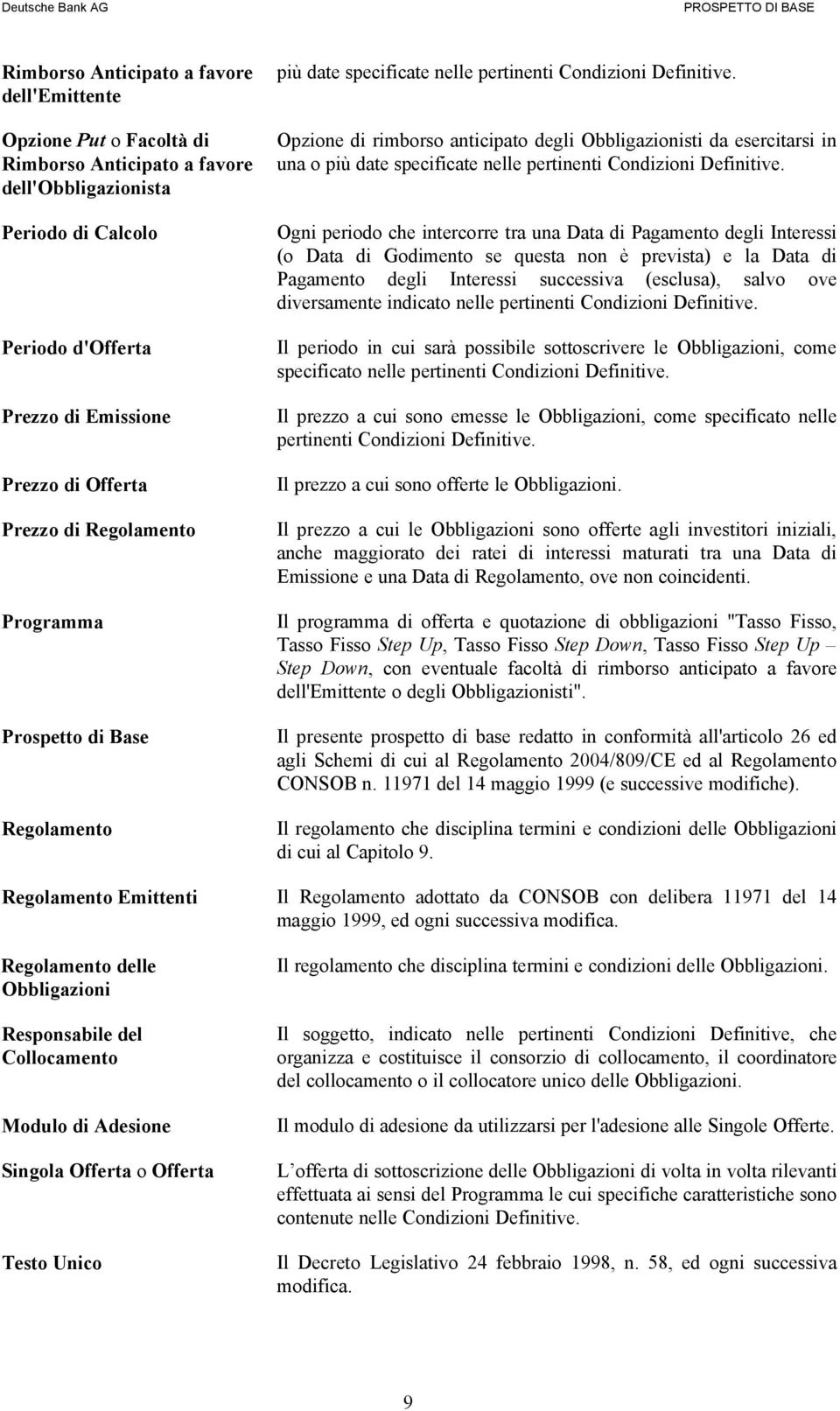 Opzione di rimborso anticipato degli Obbligazionisti da esercitarsi in una o più date specificate nelle pertinenti Condizioni Definitive.