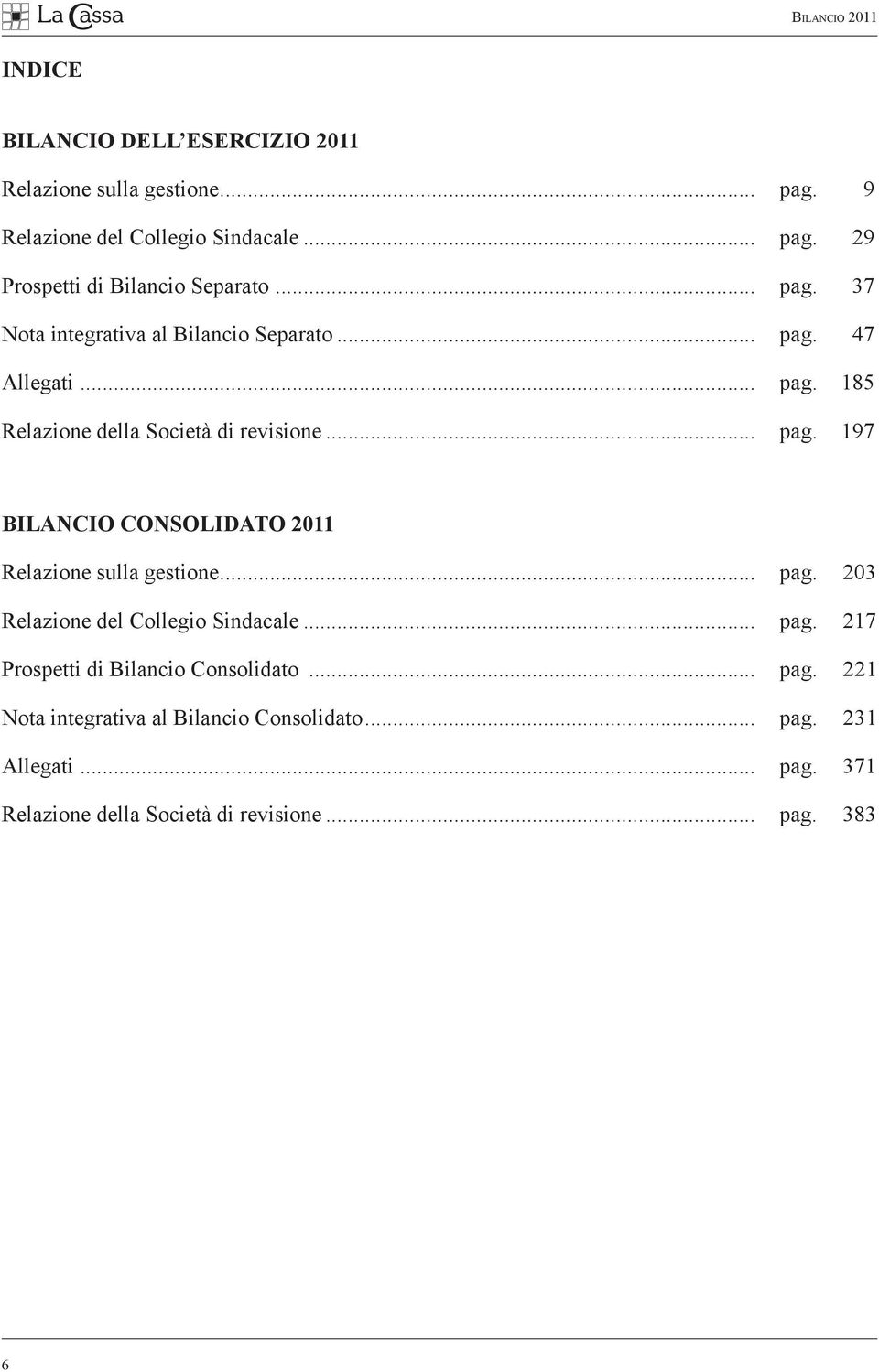 .. pag. 203 Relazione del Collegio Sindacale... pag. 217 Prospetti di Bilancio Consolidato... pag. 221 Nota integrativa al Bilancio Consolidato.