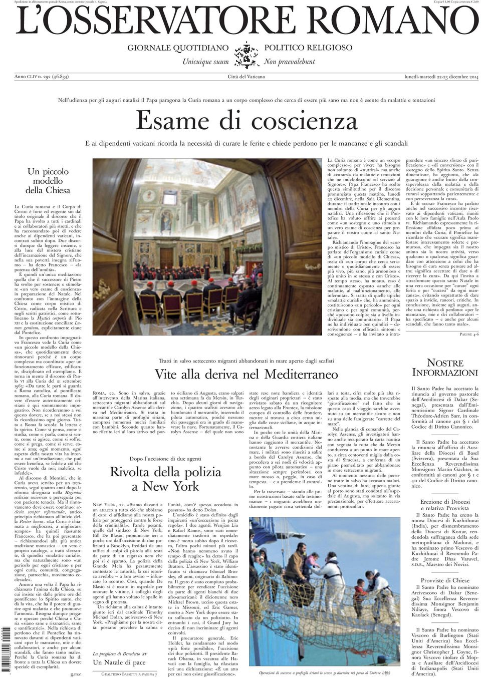 834) Città del Vaticano lunedì-martedì 22-23 dicembre 2014.