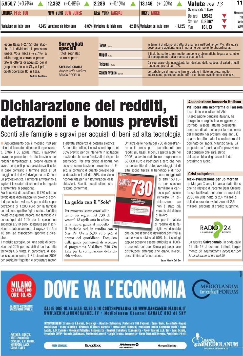 Vola Tiscali (+9,7%): a inizio maggio verranno presen tate le offerte di acquisto per il gruppo sardo con Sky e i prin cipali operatori tlc in lizza. Andrea Fontana NEW YORK NASDAQ 6.