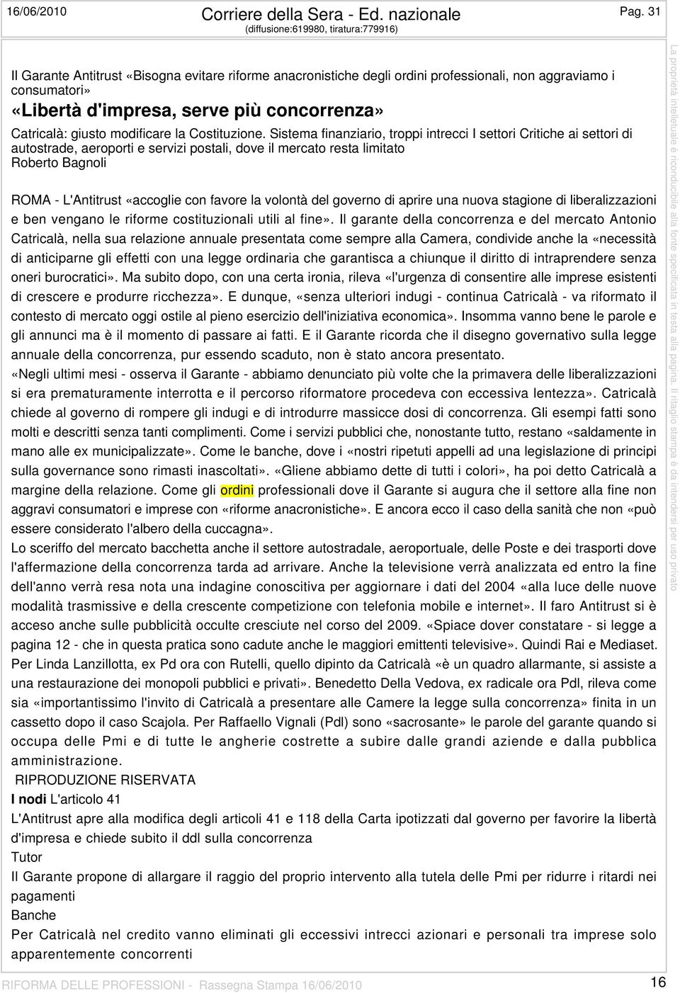 concorrenza» Catricalà: giusto modificare la Costituzione.