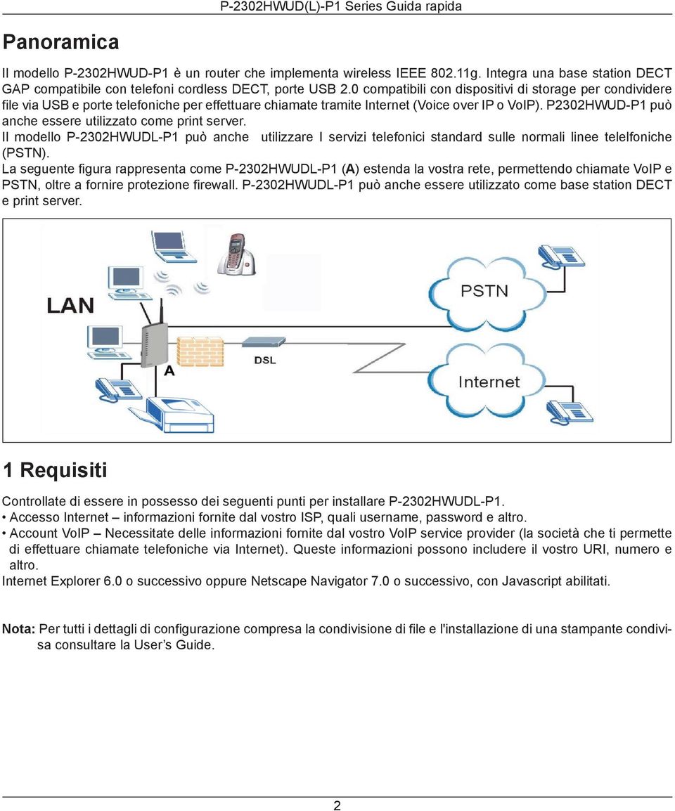 P2302HWUD-P1 può anche essere utilizzato come print server. Il modello P-2302HWUDL-P1 può anche utilizzare I servizi telefonici standard sulle normali linee telelfoniche (PSTN).