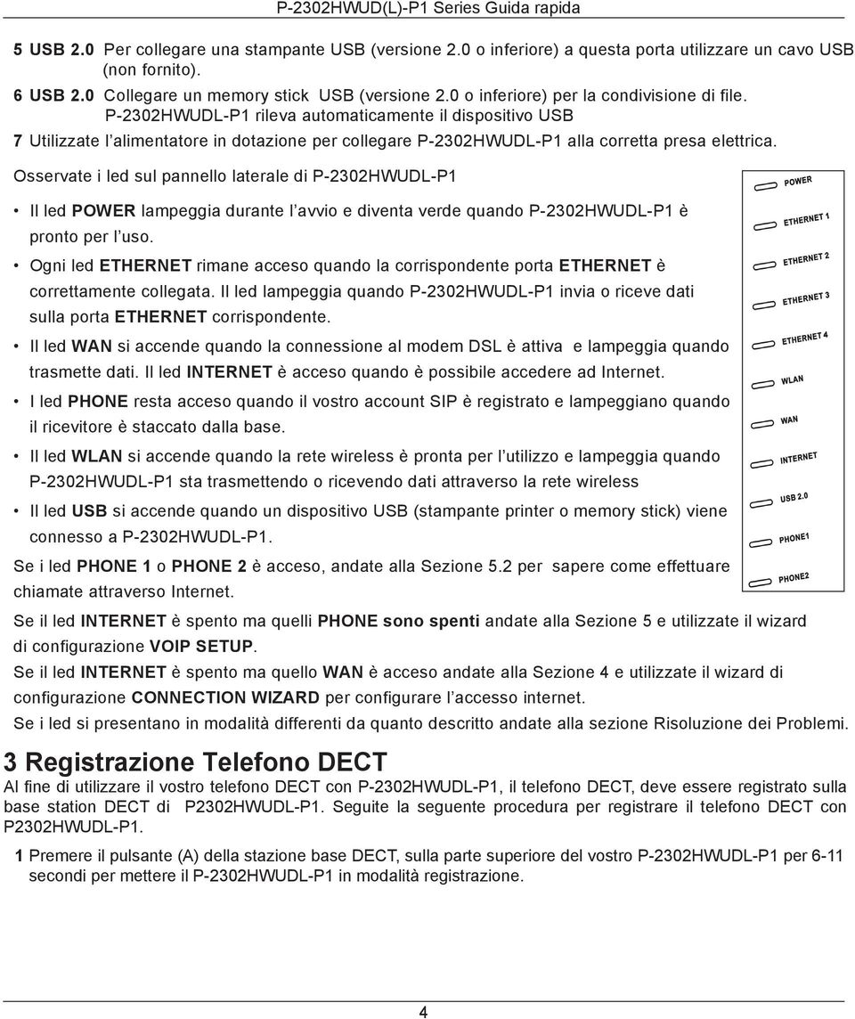 P-2302HWUDL-P1 rileva automaticamente il dispositivo USB 7 Utilizzate l alimentatore in dotazione per collegare P-2302HWUDL-P1 alla corretta presa elettrica.