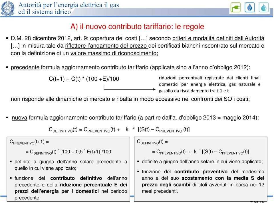 definizione di un valore massimo di riconoscimento; precedente formula aggiornamento contributo tariffario (applicata sino all anno d obbligo 2012): C(t+1) = C(t) * (100 +E)/100 riduzioni percentuali