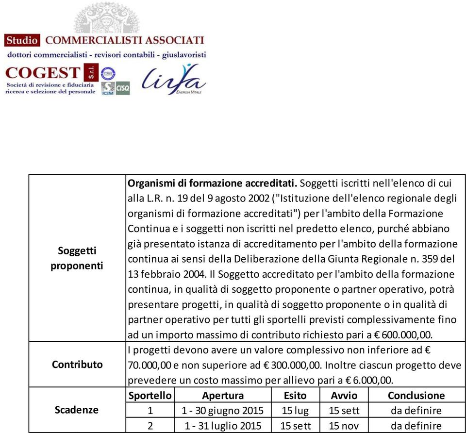 19 del 9 agosto 2002 ("Istituzione dell'elenco regionale degli organismi di formazione accreditati") per l'ambito della Formazione Continua e i soggetti non iscritti nel predetto elenco, purché