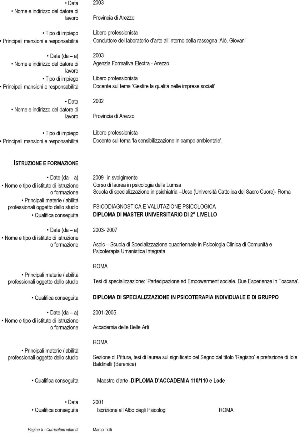 psicologia della Lumsa Scuola di specializzazione in psichiatria Ucsc (Università Cattolica del Sacro Cuore)- Roma PSICODIAGNOSTICA E VALUTAZIONE PSICOLOGICA DIPLOMA DI MASTER UNIVERSITARIO DI 2